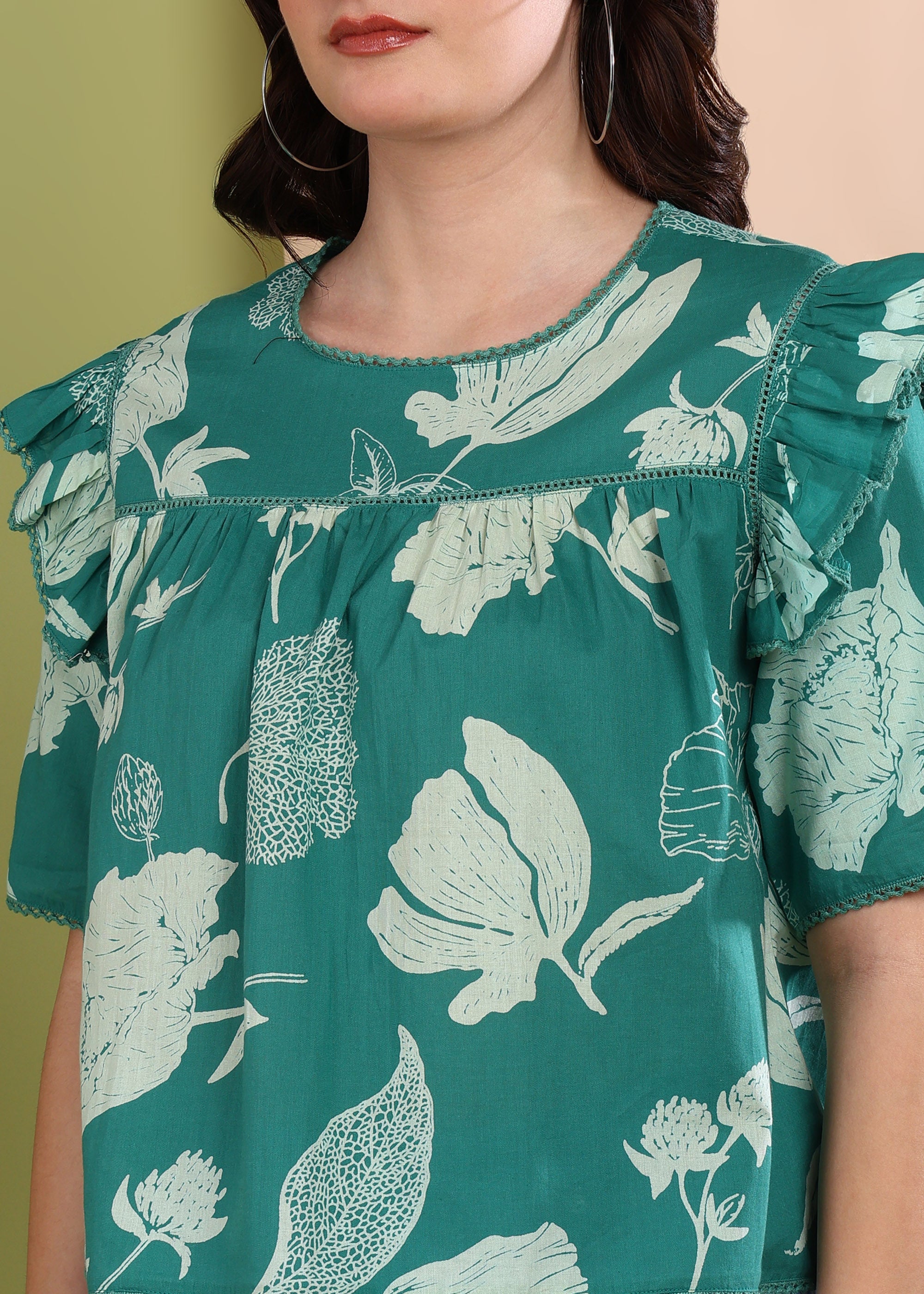 "Botanic Breeze" Pure Cotton Ruffle Top