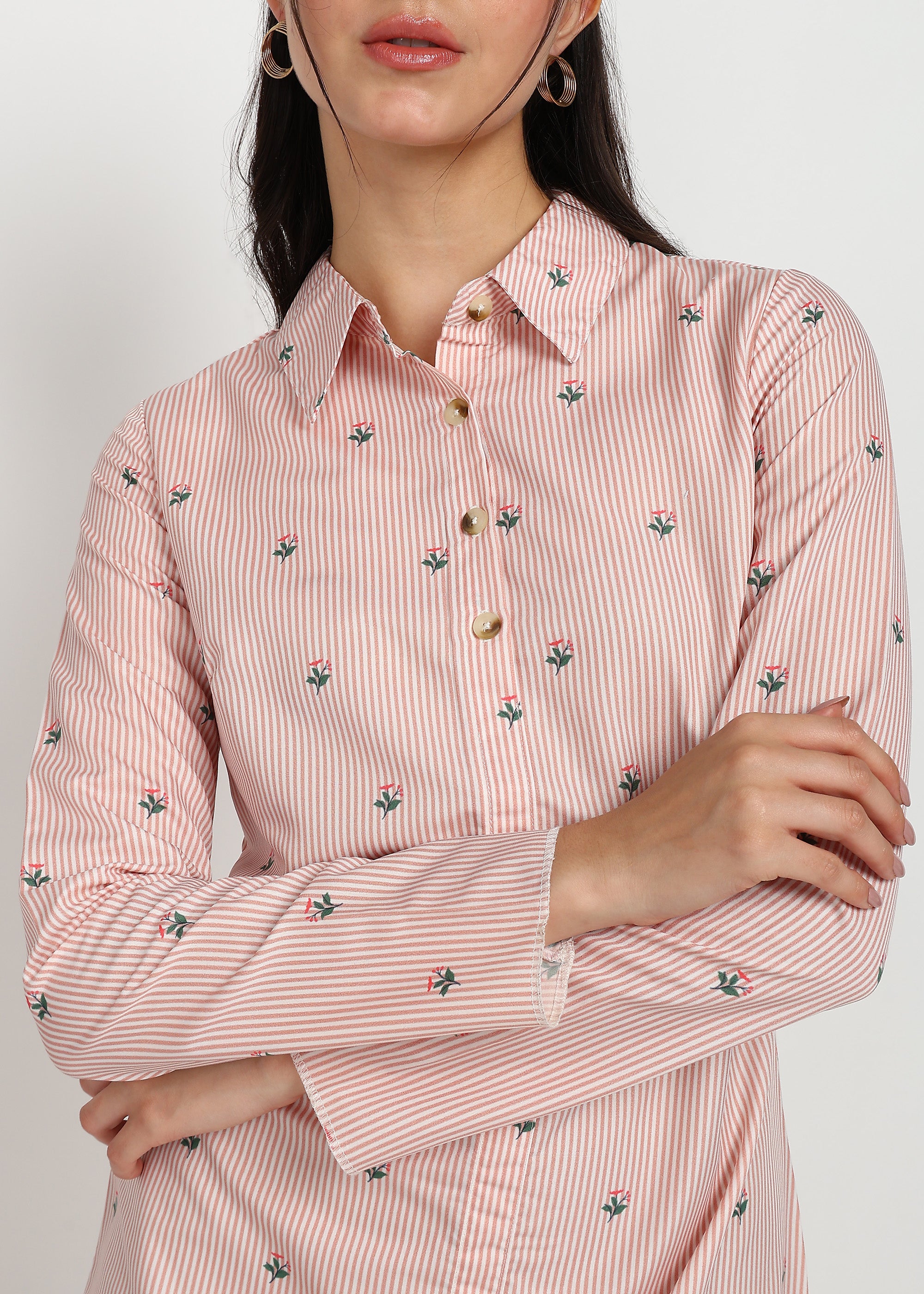 Women Peach Strip Shirt Dress
