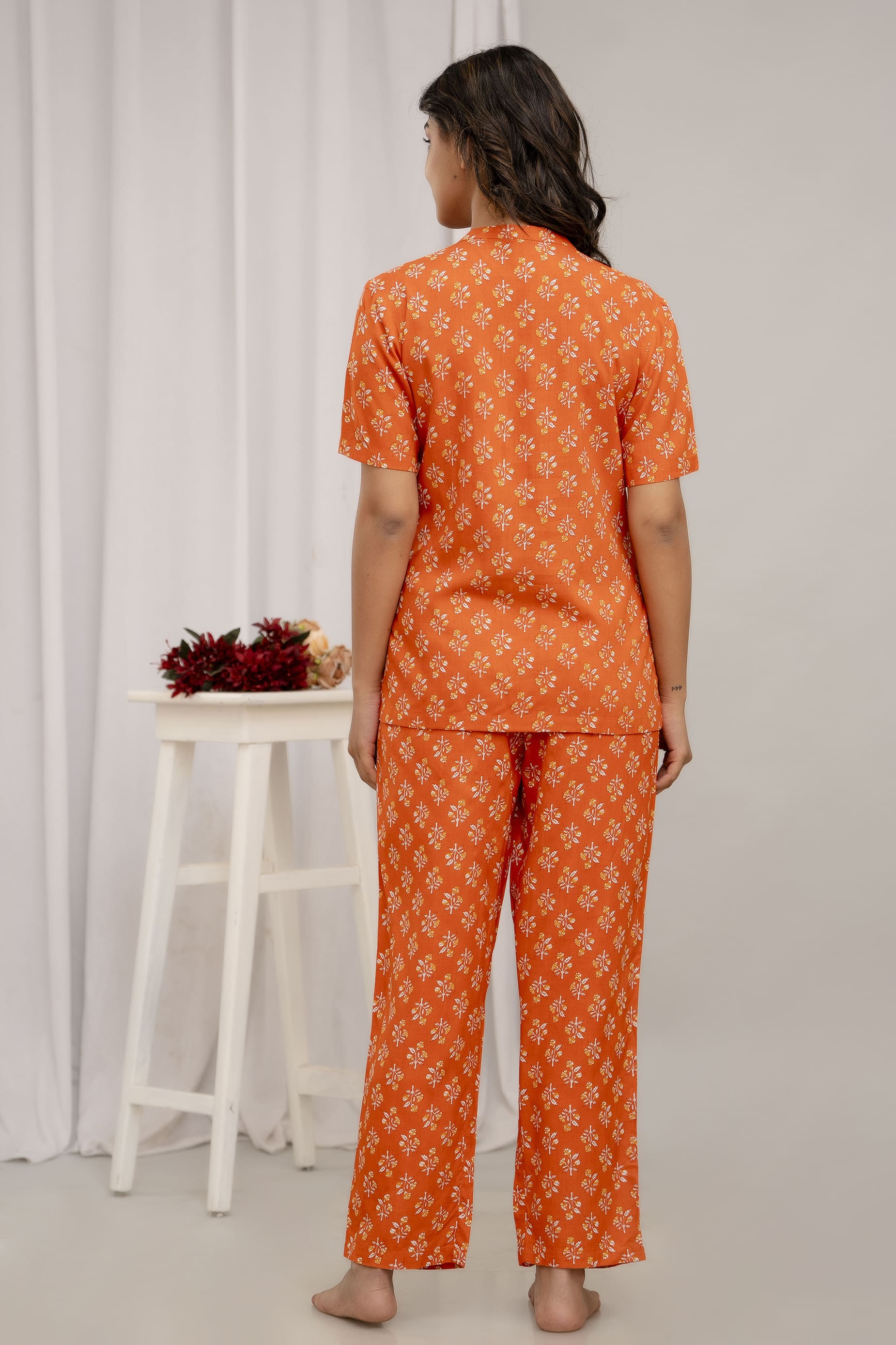 "Tangerine Bloom" Printed Viscose Night Suit