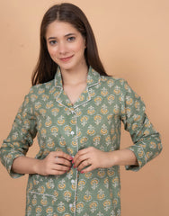 "Olive Bloom" Printed Viscose Night Suit