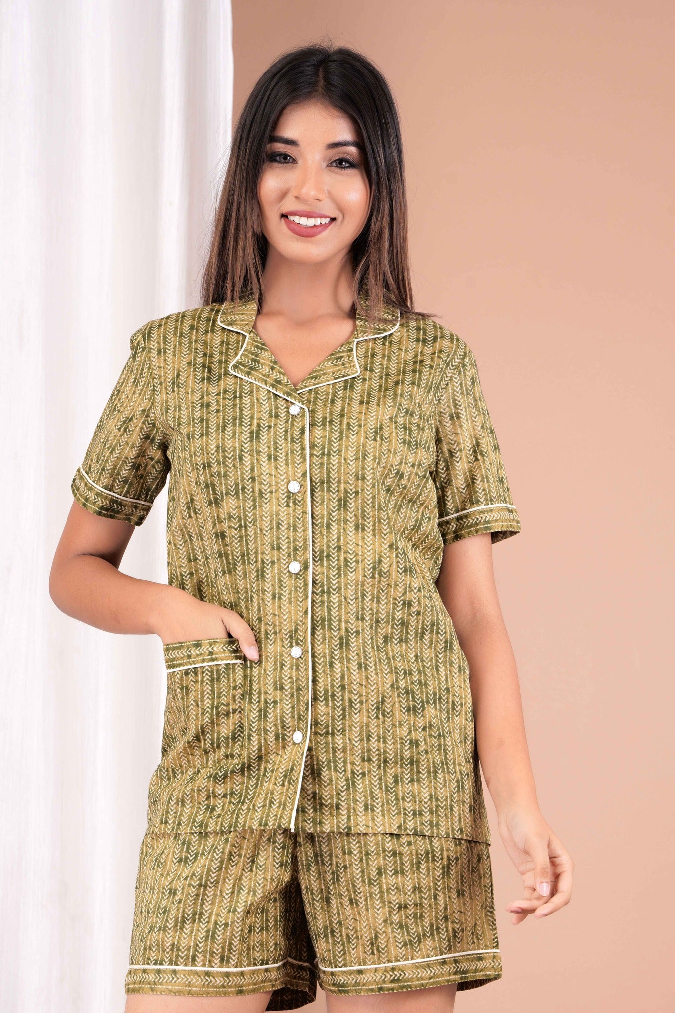 "Olive Trail" Printed Viscose Shorts Night Suit