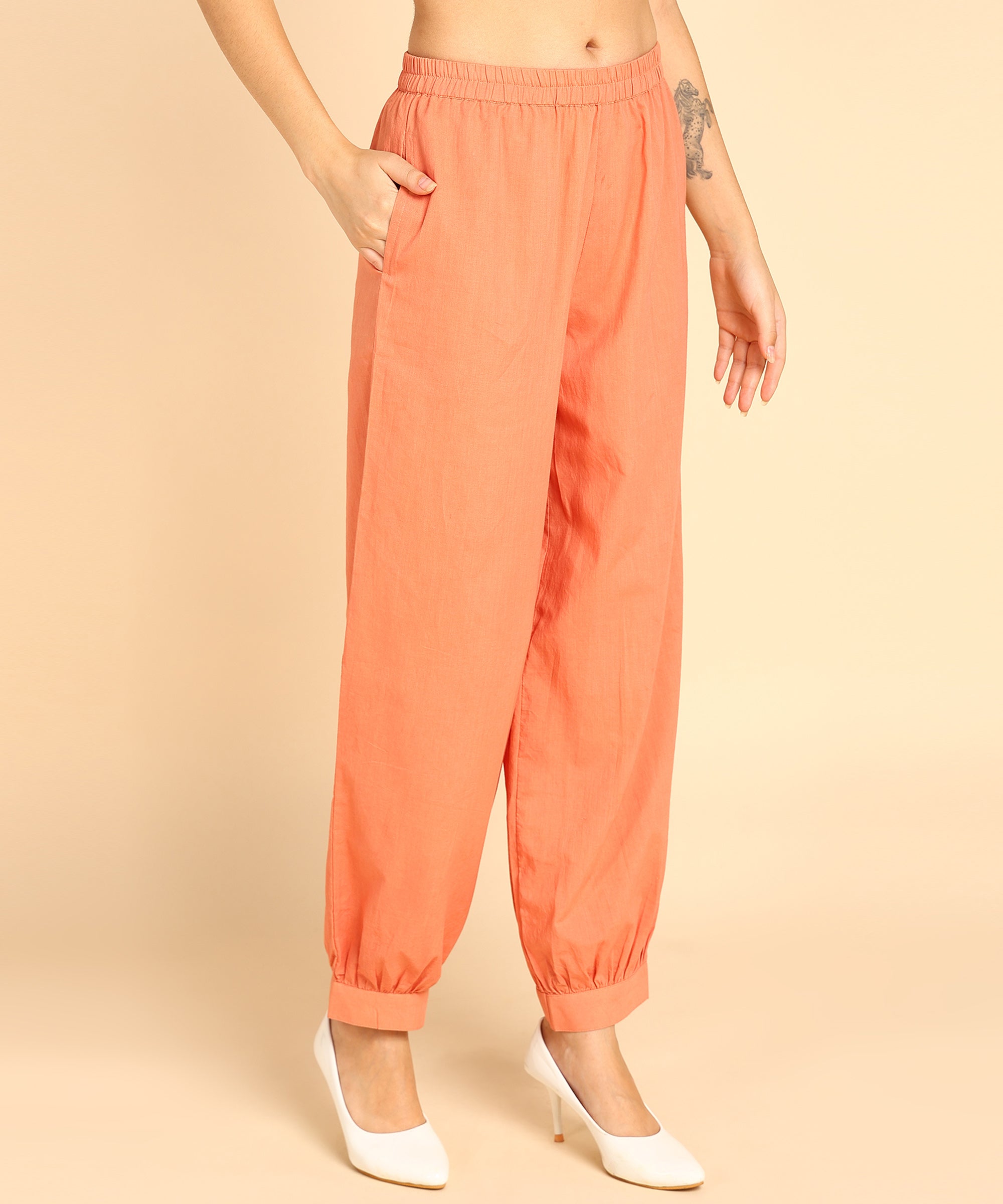 Orange Block Pattern Printed Long Cord Set For Women - Viscose