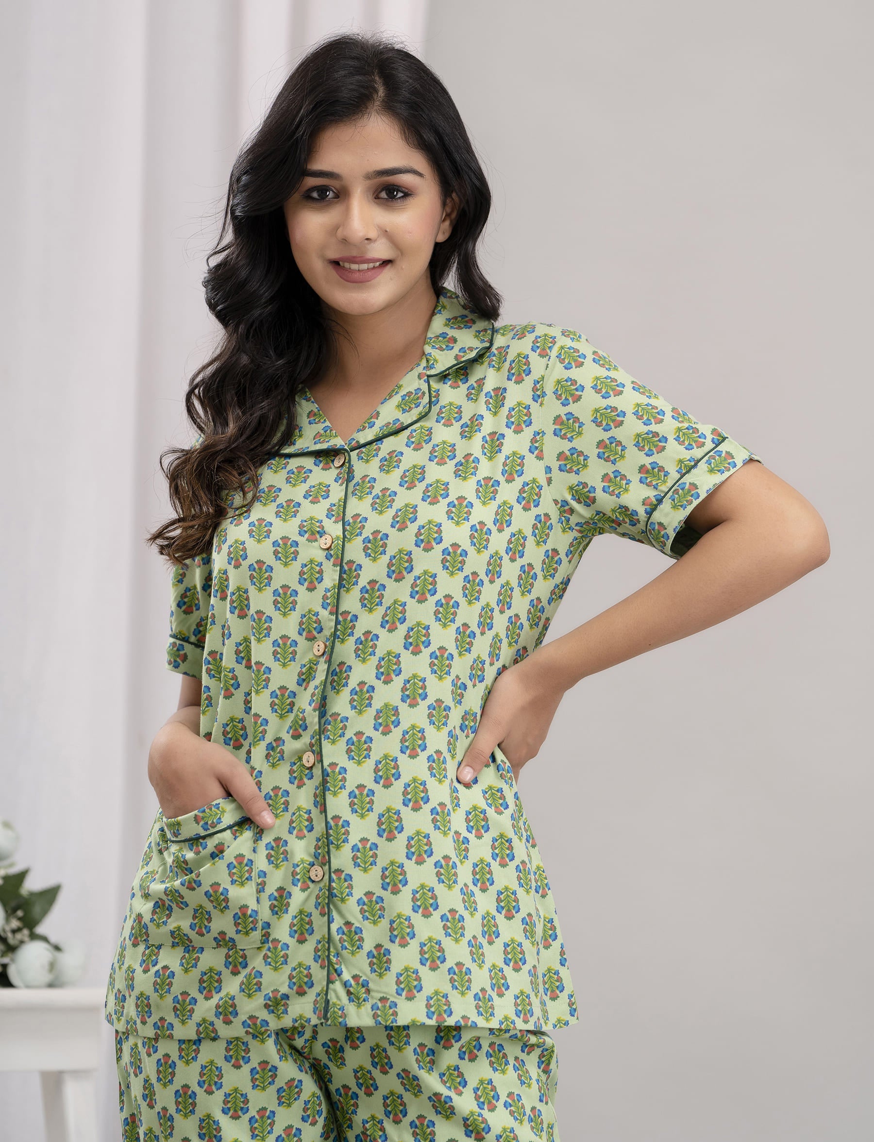 "Minty Bloom" Printed Viscose Night Suit
