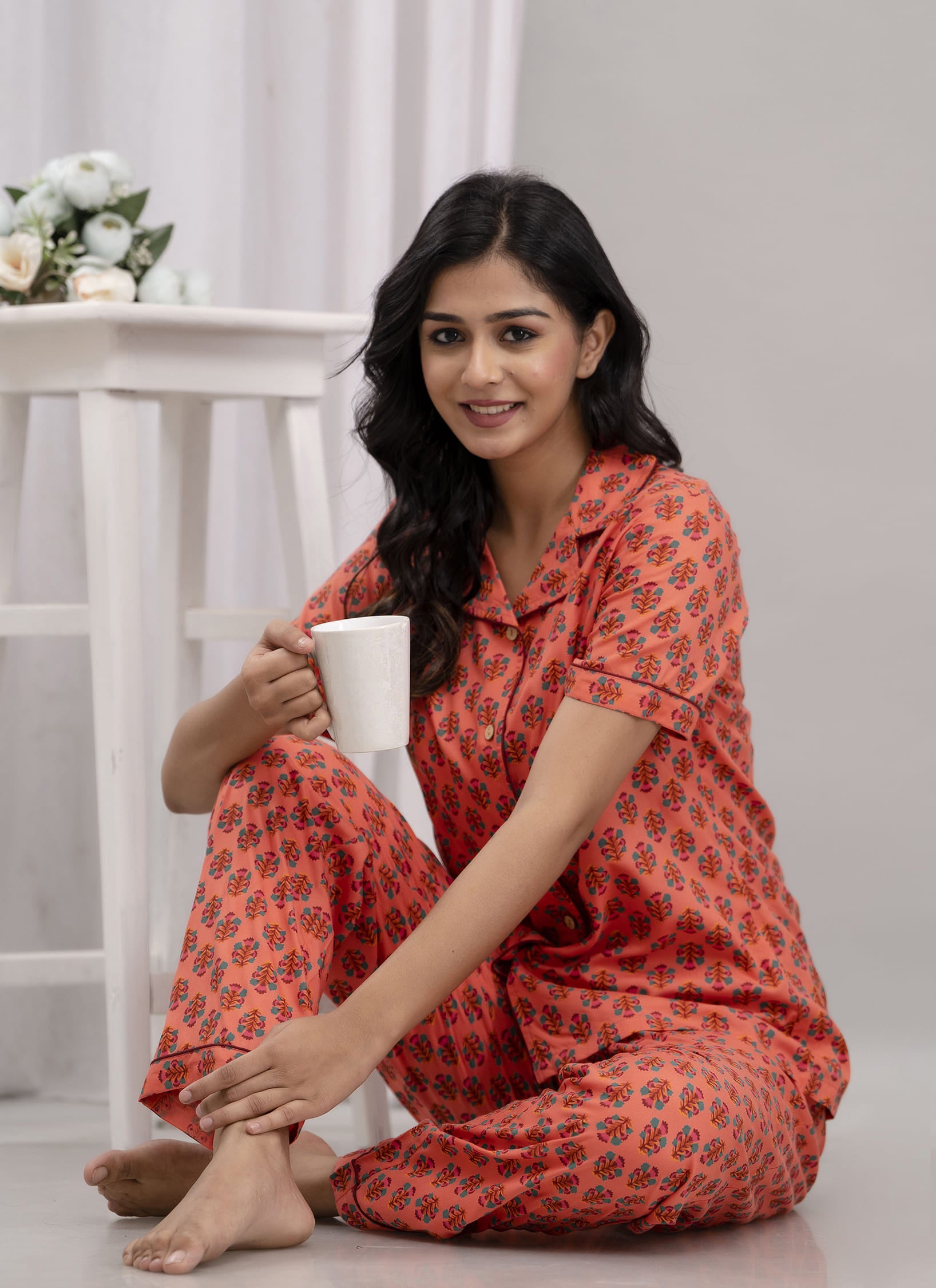 "Coral Bloom" Printed Viscose Night Suit