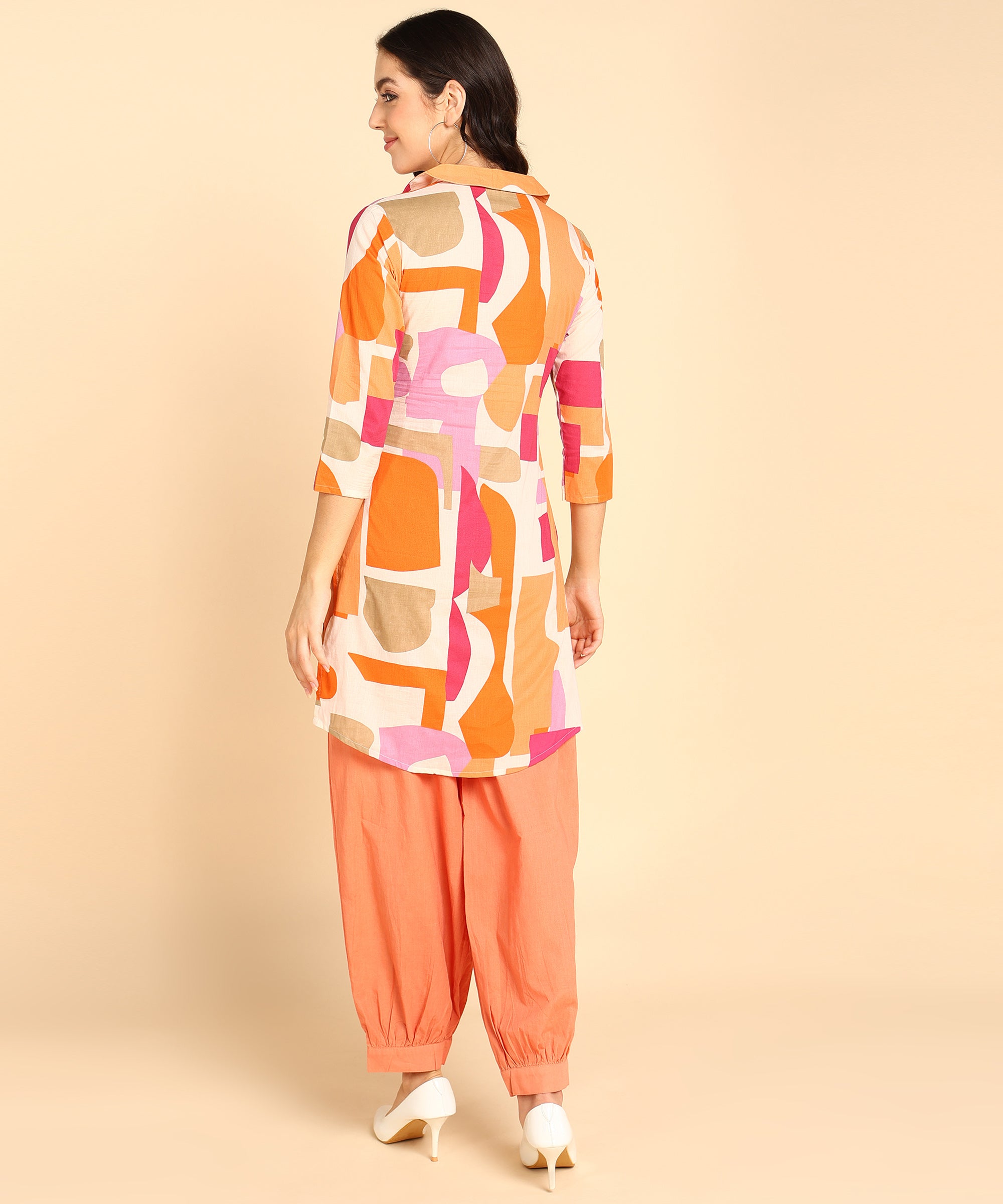 Orange Block Pattern Printed Long Cord Set For Women - Viscose