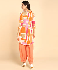Orange Block Pattern Printed Long Cord Set For Women - Viscose