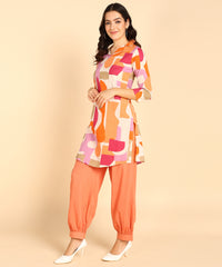 Orange Block Pattern Printed Long Cord Set For Women - Viscose