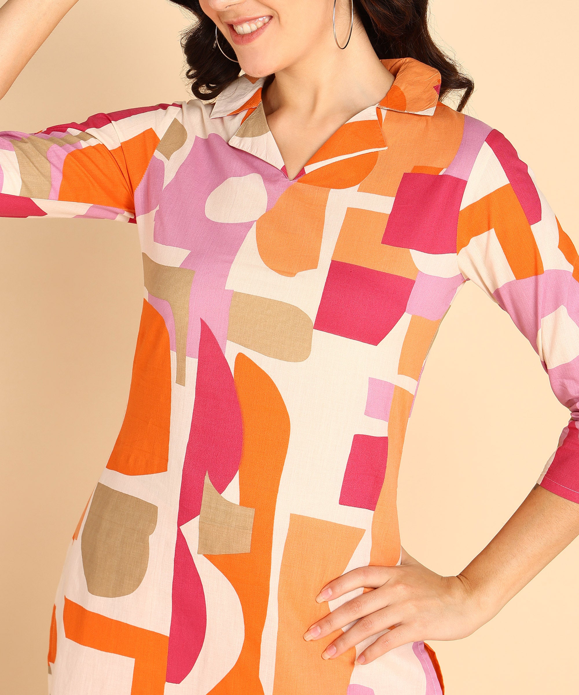 Orange Block Pattern Printed Long Cord Set For Women - Viscose