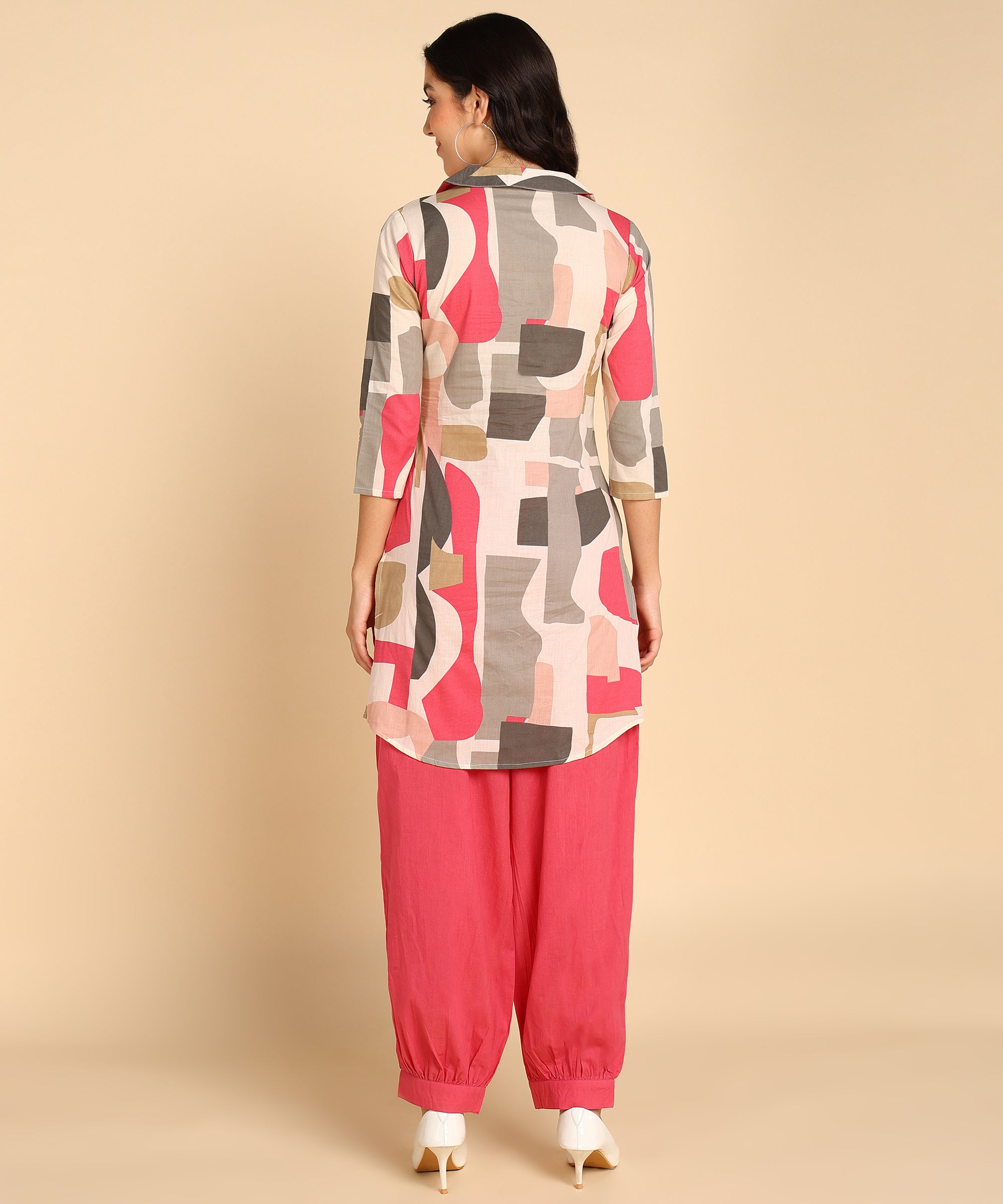 Pink Block Pattern Printed Long Cord Set For Women - Viscose