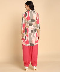 Pink Block Pattern Printed Long Cord Set For Women - Viscose