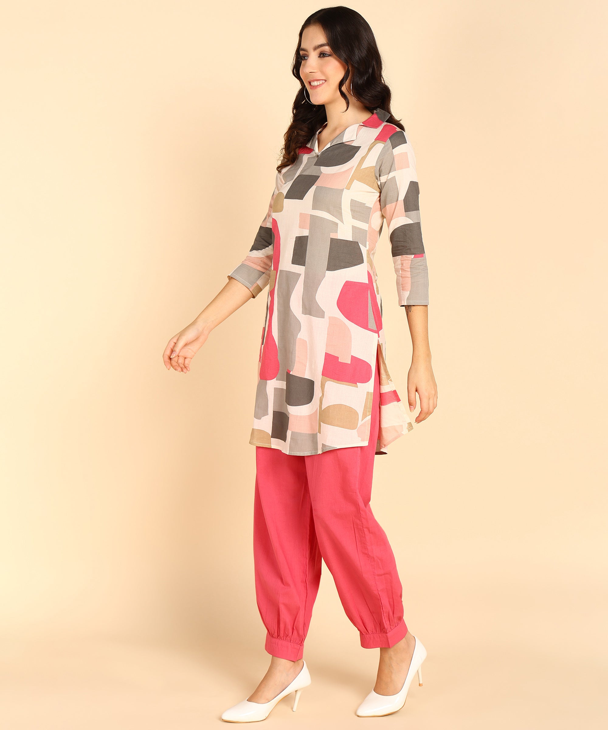 Pink Block Pattern Printed Long Cord Set For Women - Viscose