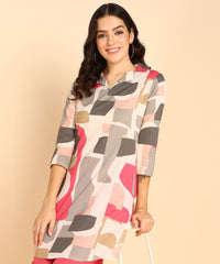 Pink Block Pattern Printed Long Cord Set For Women - Viscose