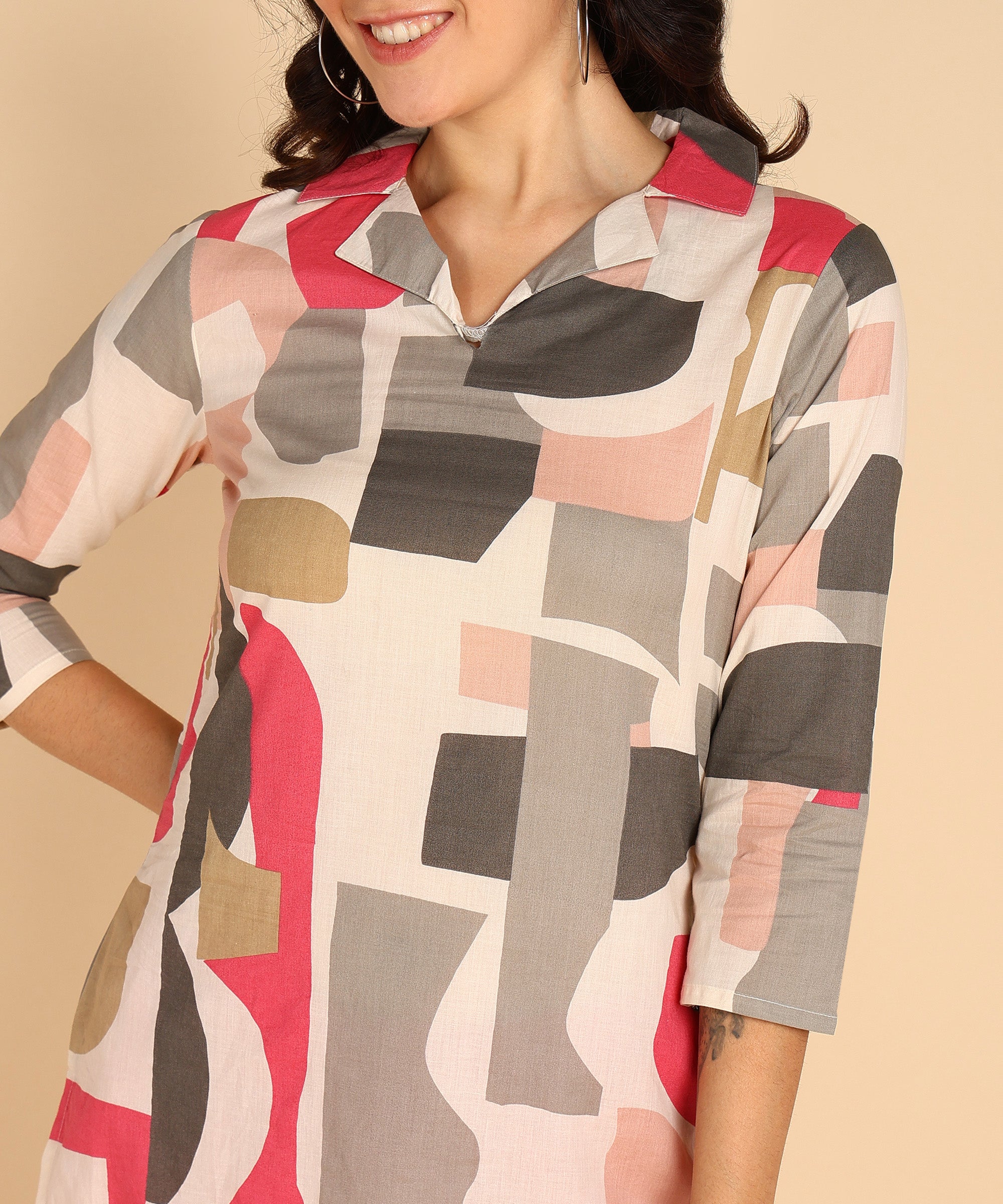 Pink Block Pattern Printed Long Cord Set For Women - Viscose