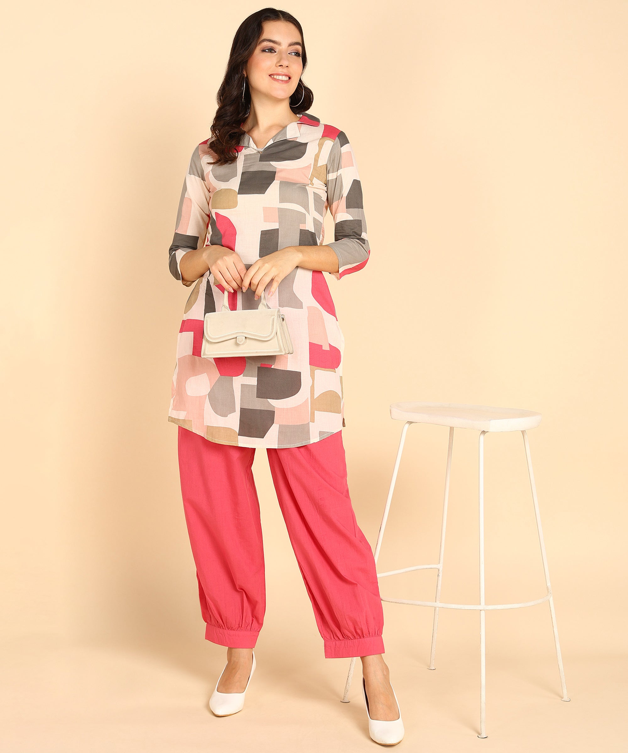Pink Block Pattern Printed Long Cord Set For Women - Viscose