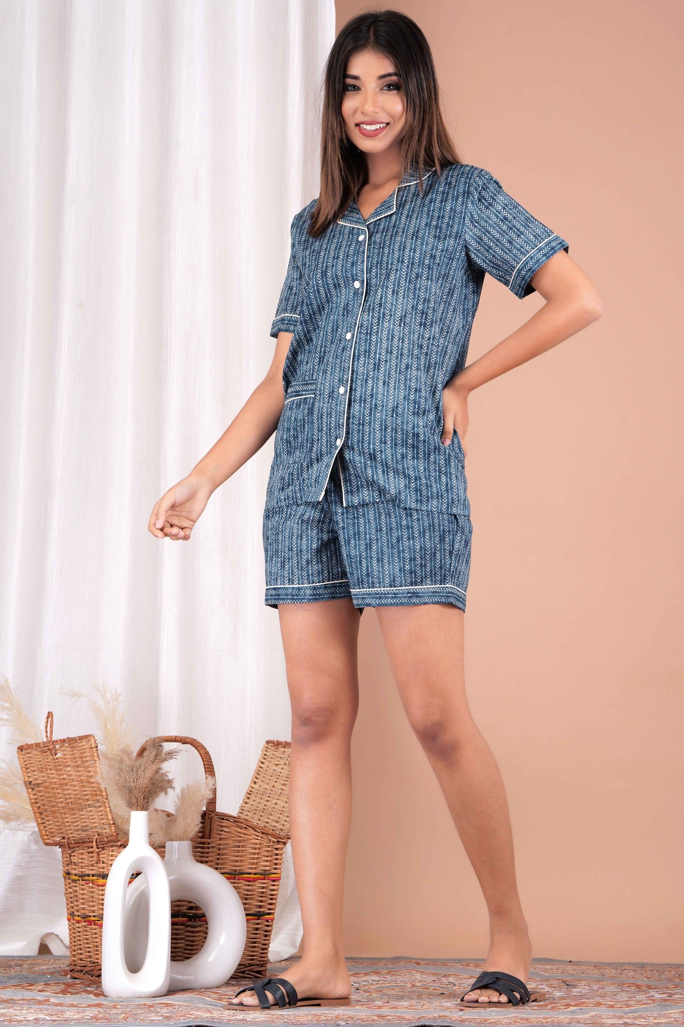 "Indigo Drift" Printed Viscose Shorts Night Suit