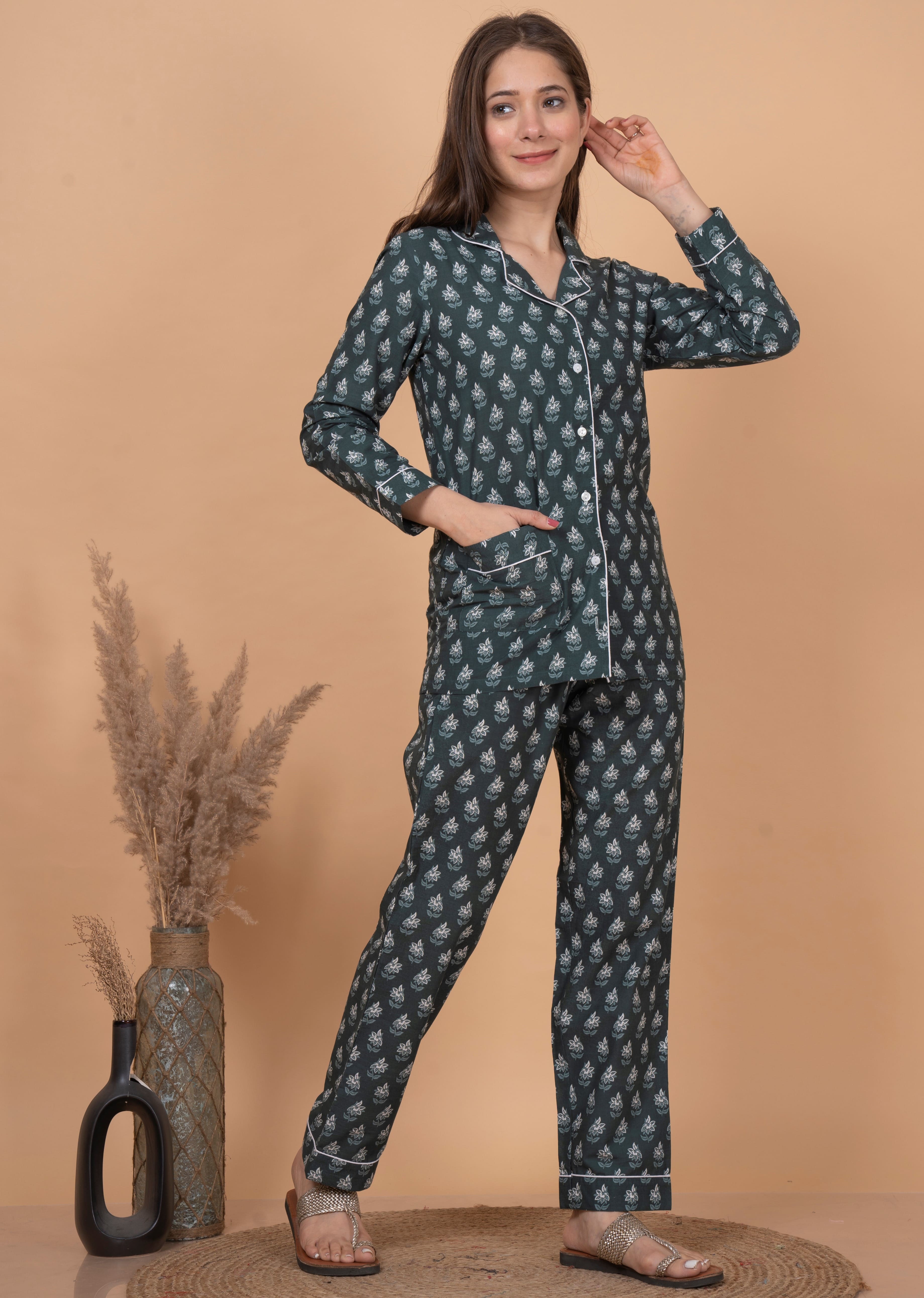 "Misty Pine" Printed Viscose Night Suit