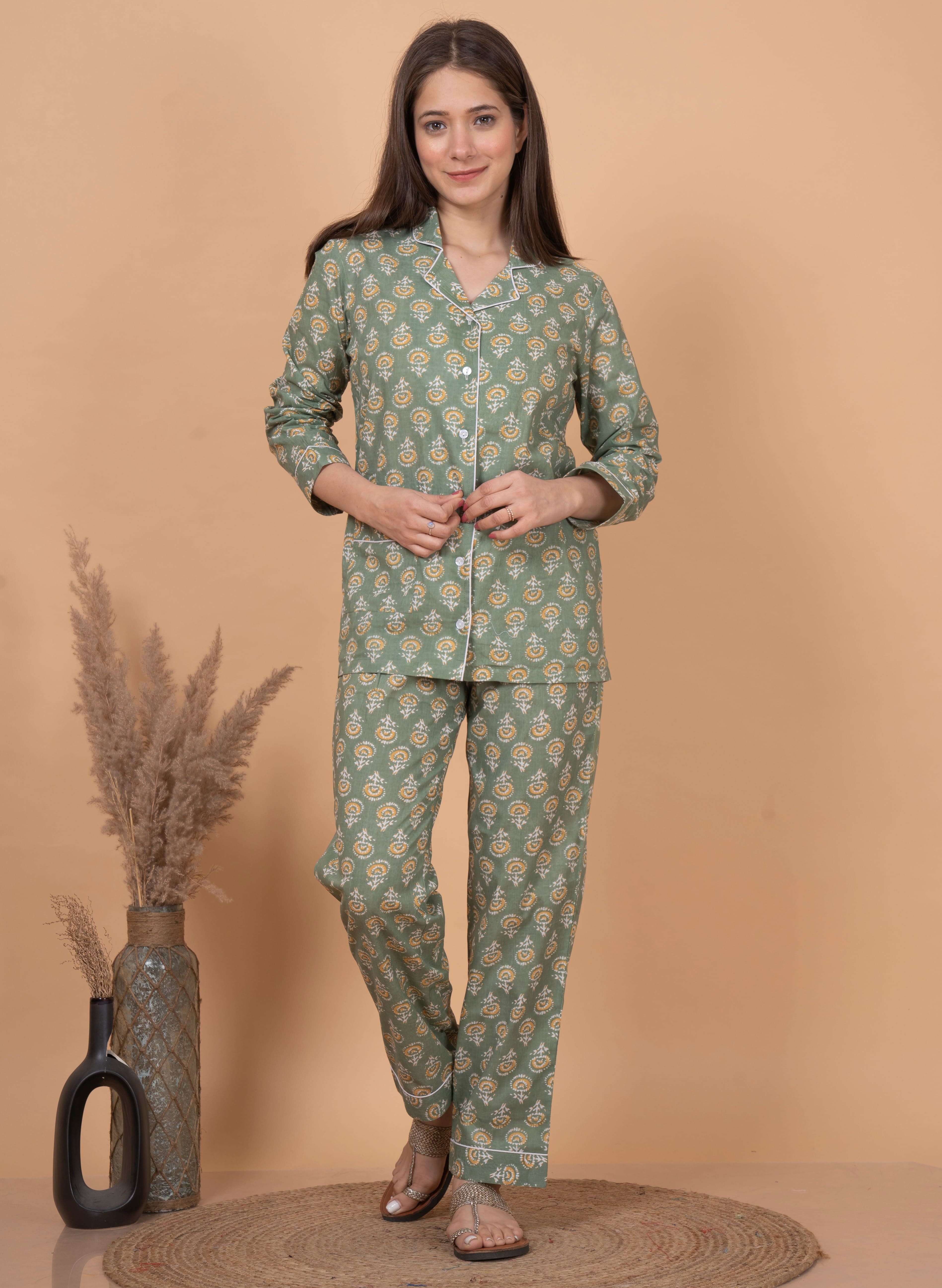 "Olive Bloom" Printed Viscose Night Suit