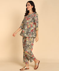 Grey Peplum Style Cord Set For Women - Cotton