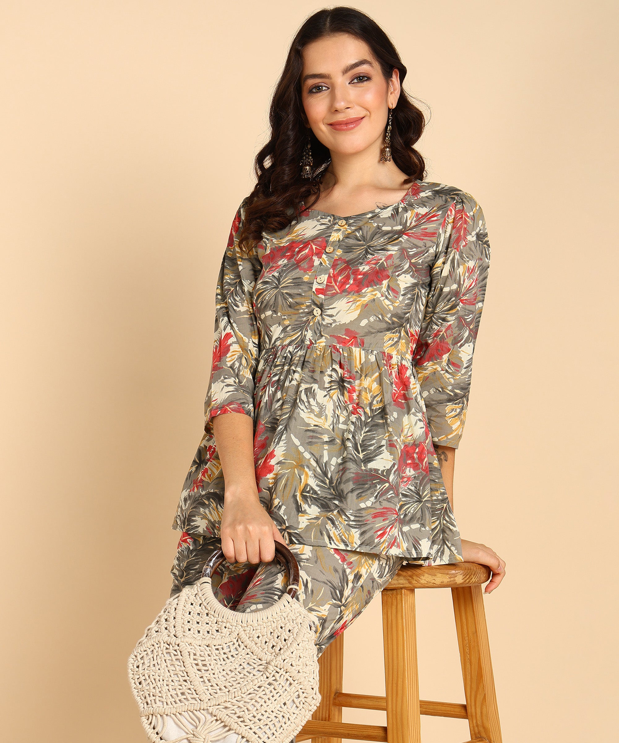 Grey Peplum Style Cord Set For Women - Cotton