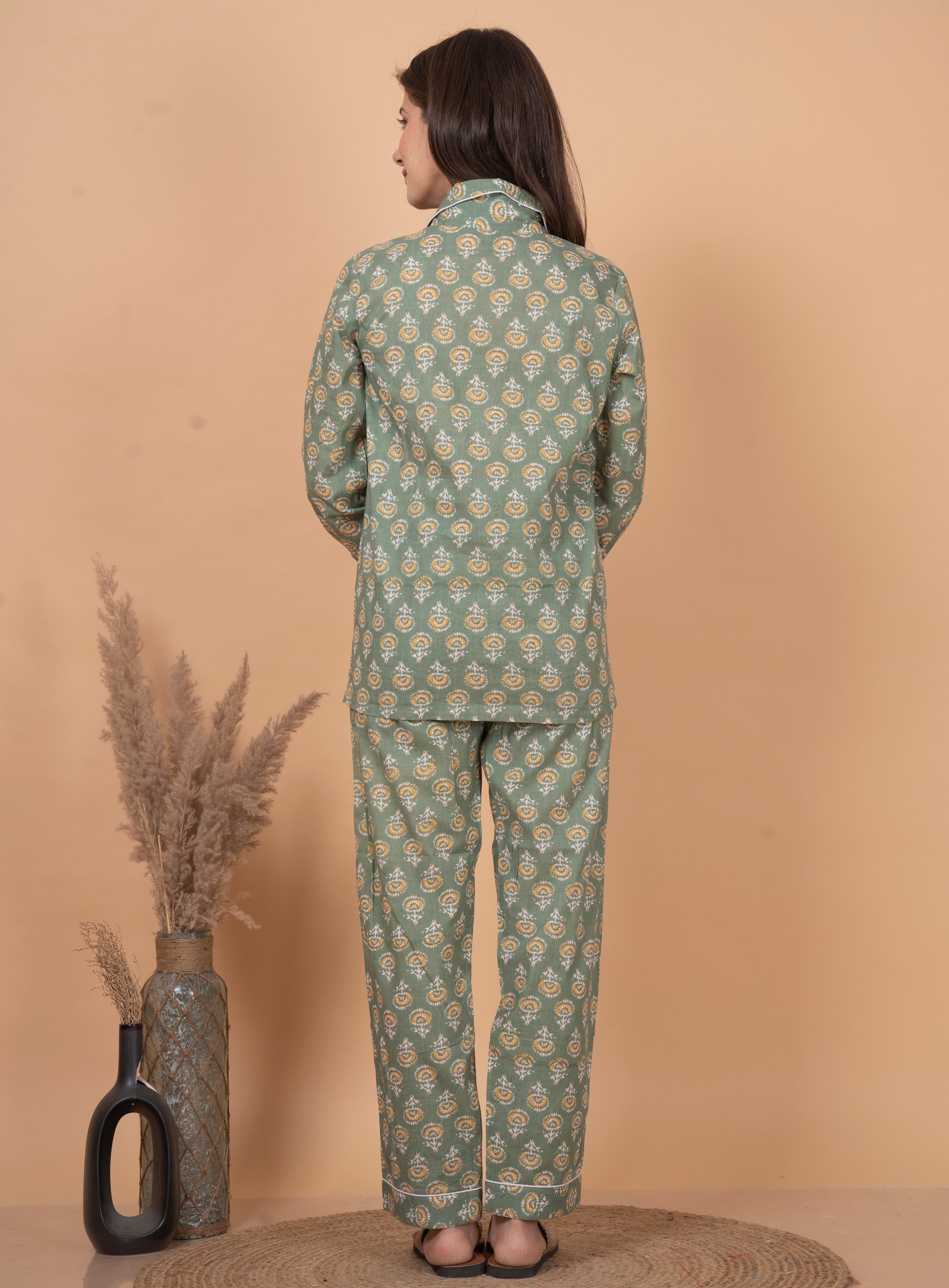 "Olive Bloom" Printed Viscose Night Suit
