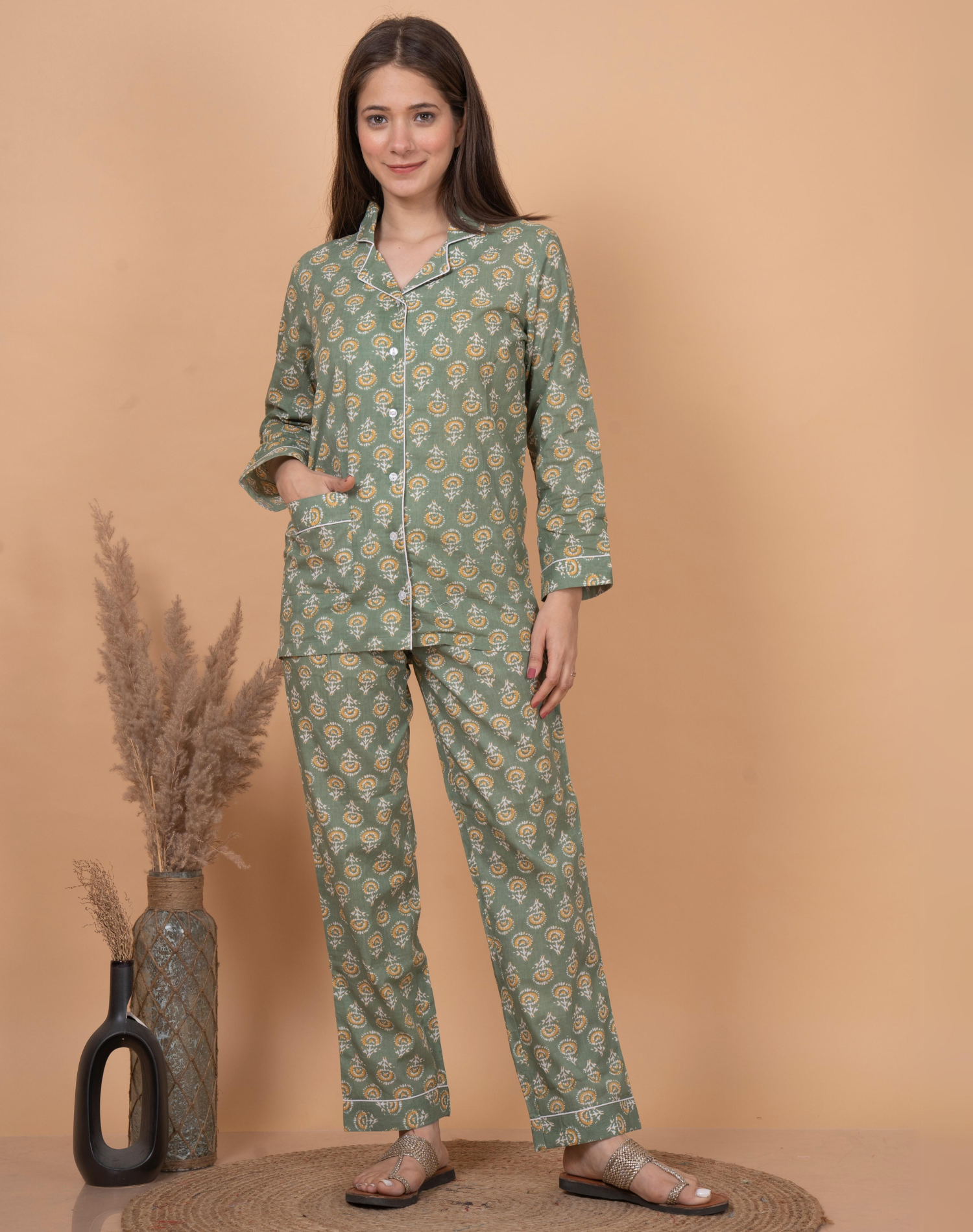 "Olive Bloom" Printed Viscose Night Suit