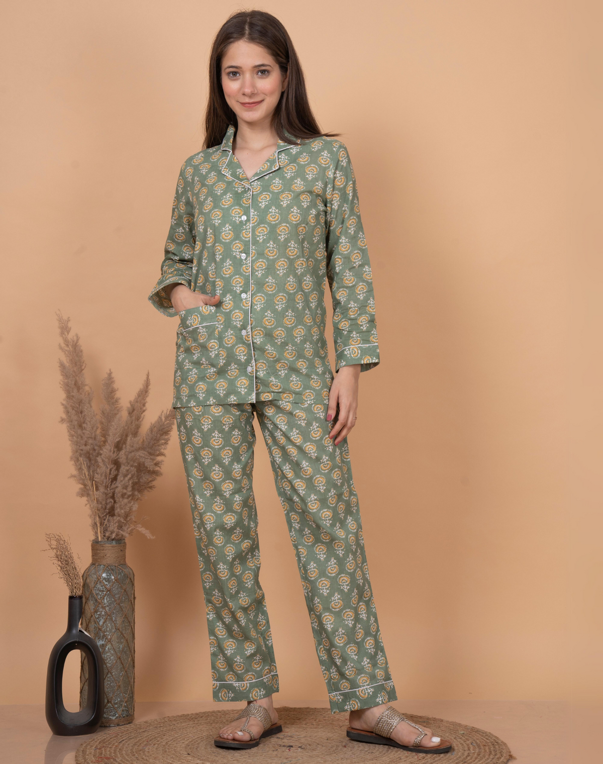 "Olive Bloom" Printed Viscose Night Suit