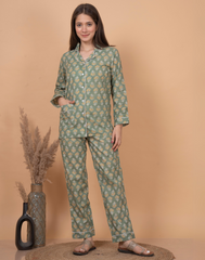 "Olive Bloom" Printed Viscose Night Suit