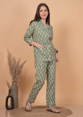 "Olive Bloom" Printed Viscose Night Suit