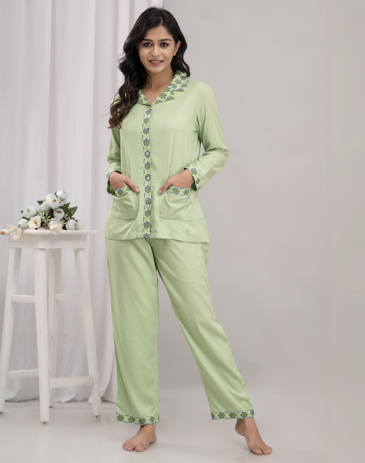 "Mint Garden" Solid Viscose Night Suit