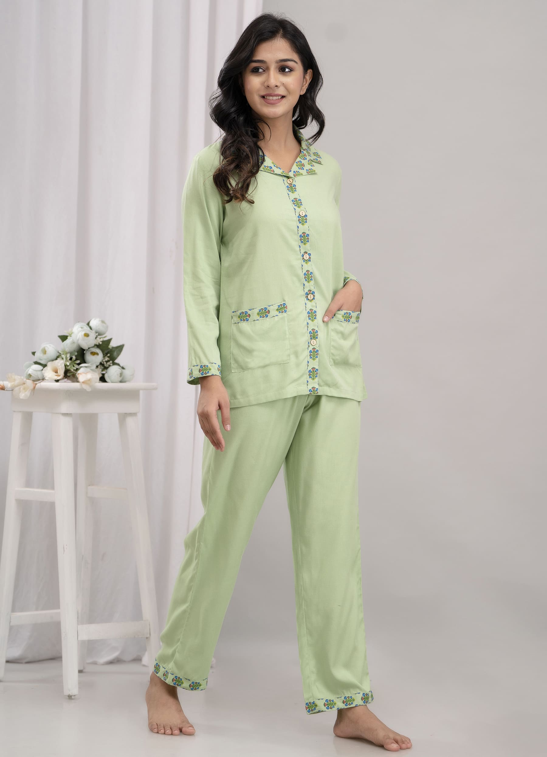 "Mint Garden" Solid Viscose Night Suit