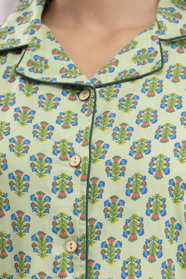 "Minty Bloom" Printed Viscose Night Suit