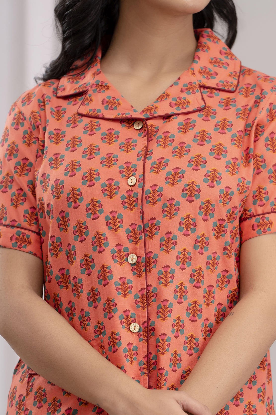 "Coral Bloom" Printed Viscose Night Suit