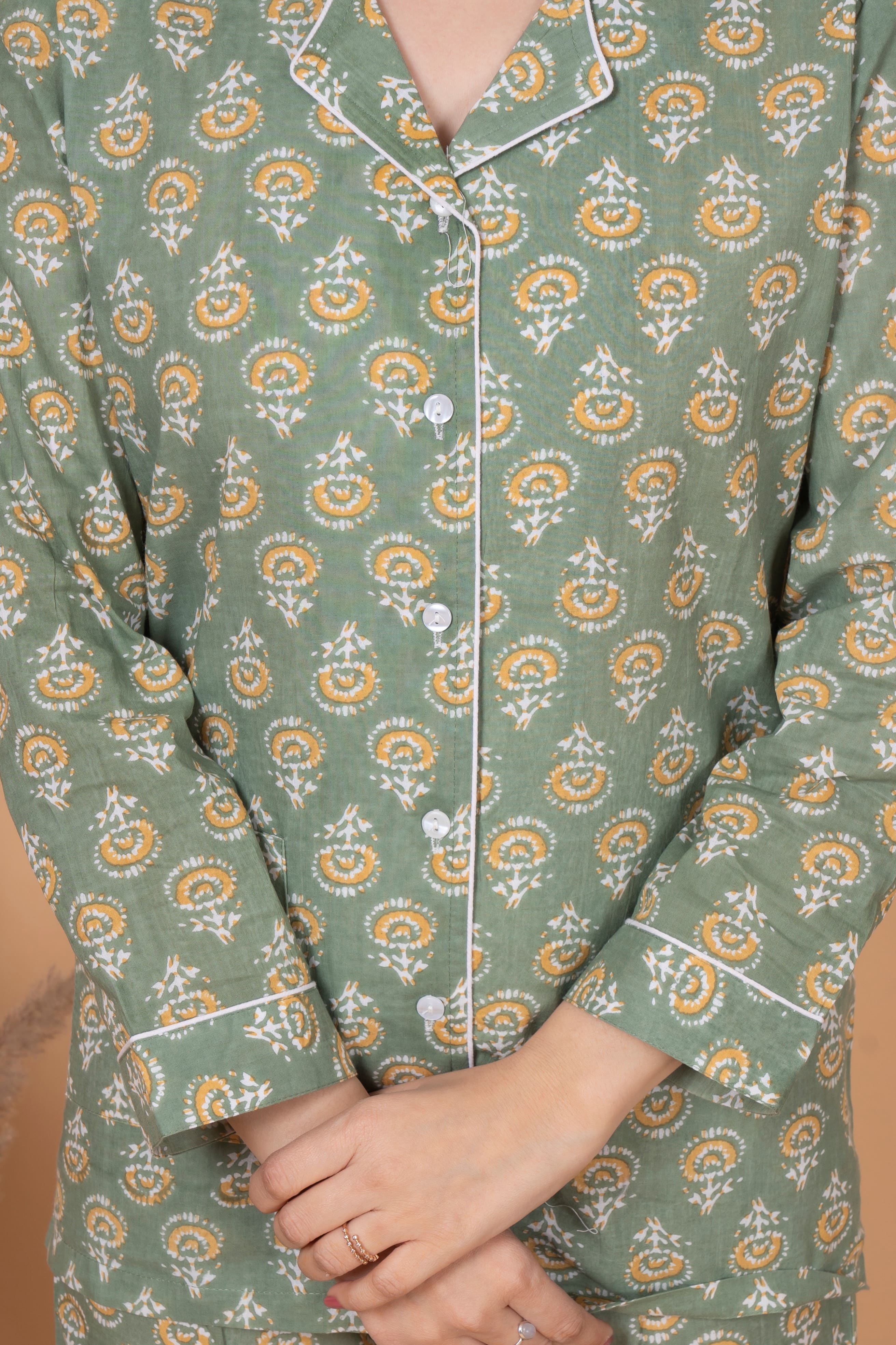 "Olive Bloom" Printed Viscose Night Suit